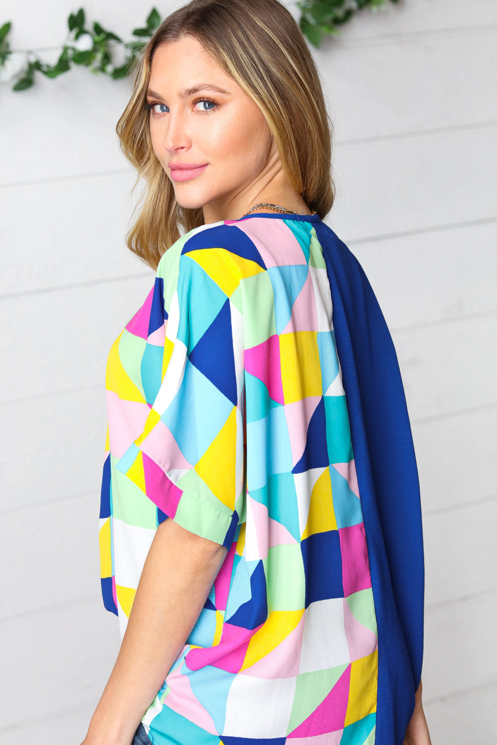 Haptics Royal Blue Multicolor Geometric Color Block Dolman Top Final Sale Haptics