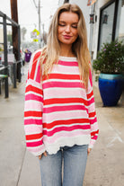 Haptics Red/Pink Loose Knit Stripe Ribbed Pullover