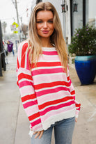 Haptics Red/Pink Loose Knit Stripe Ribbed Pullover Shirts & Tops