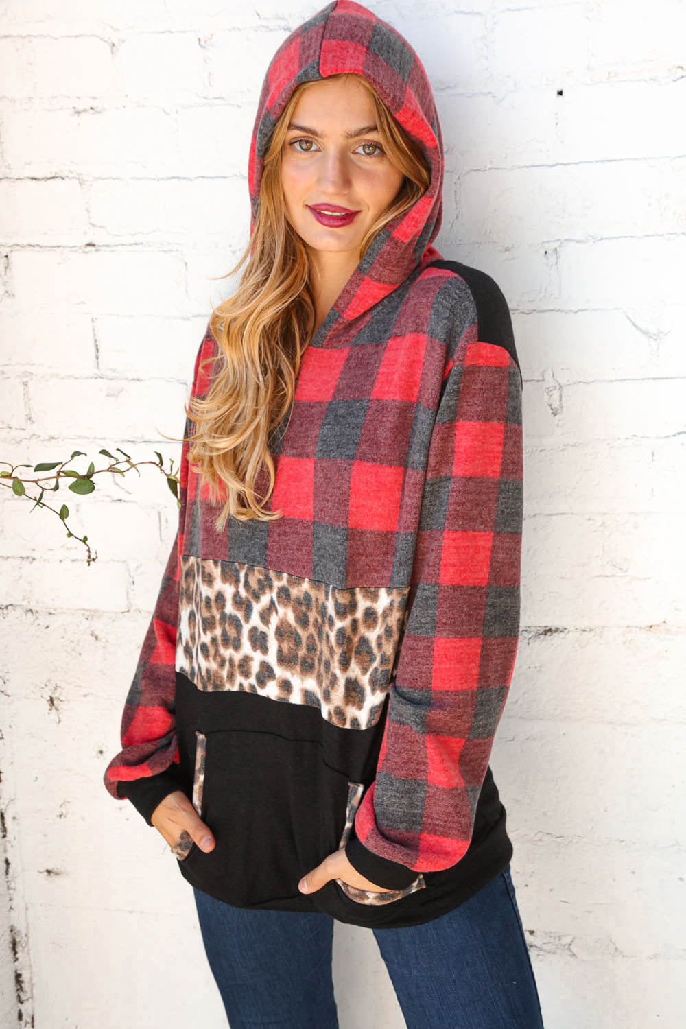 Haptics Plaid & Leopard Print Color Block Hoodie S, 3X Final Sale Haptics