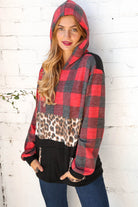 Haptics Plaid & Leopard Print Color Block Hoodie S, 3X Final Sale Haptics