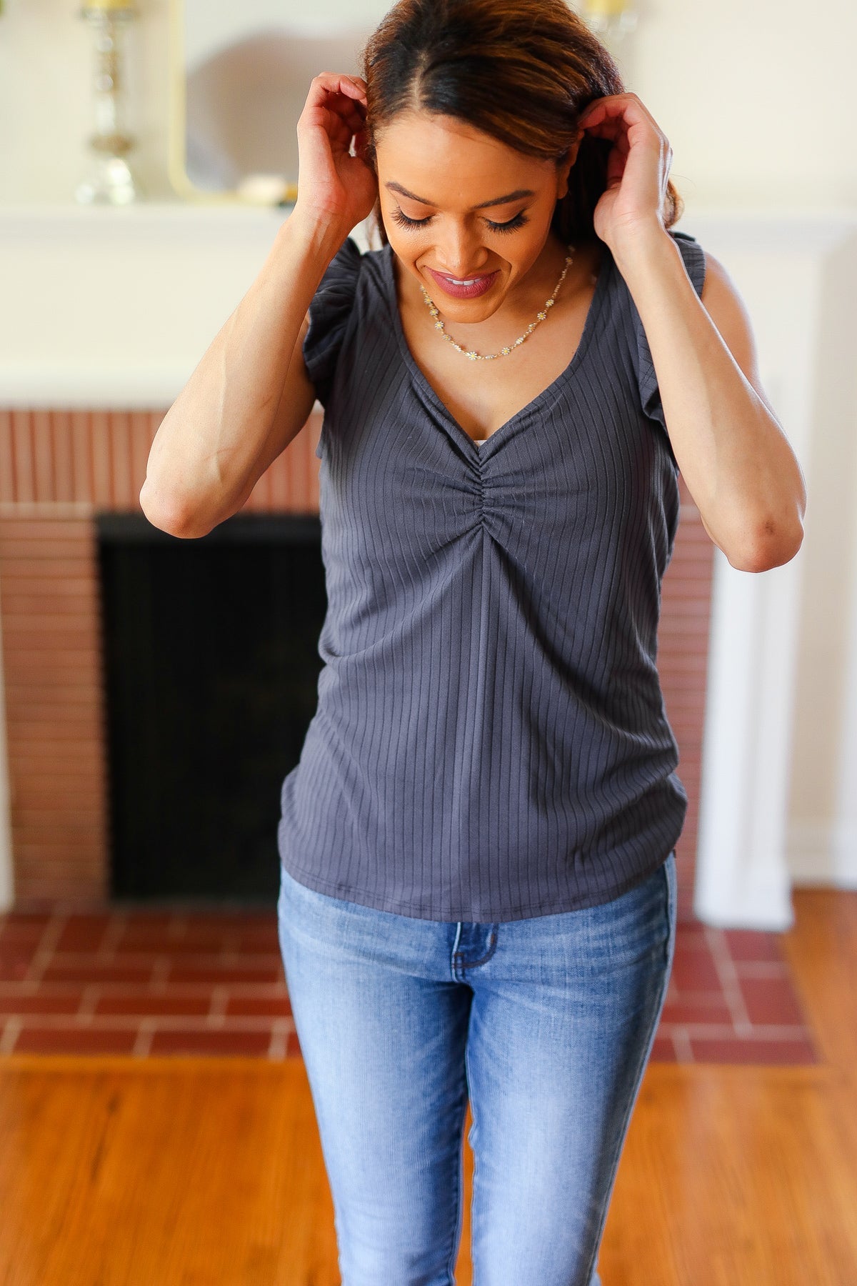 Haptics Sunny Days Charcoal Sweetheart Neckline Ribbed Top Haptics