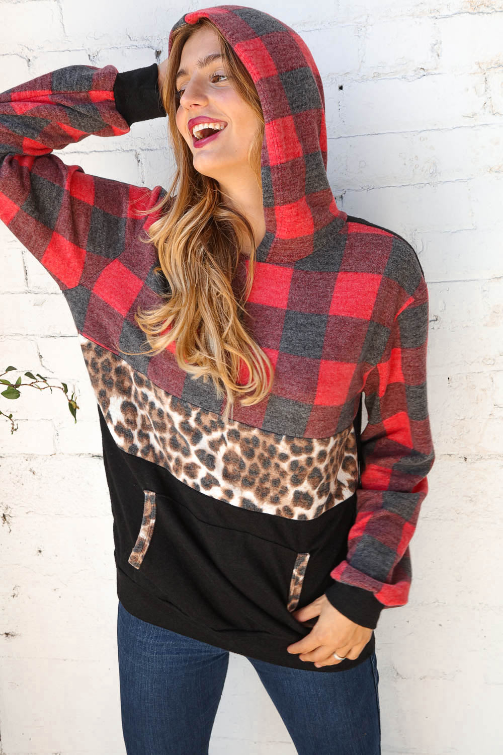 Haptics Plaid & Leopard Print Color Block Hoodie S, 3X Final Sale Haptics