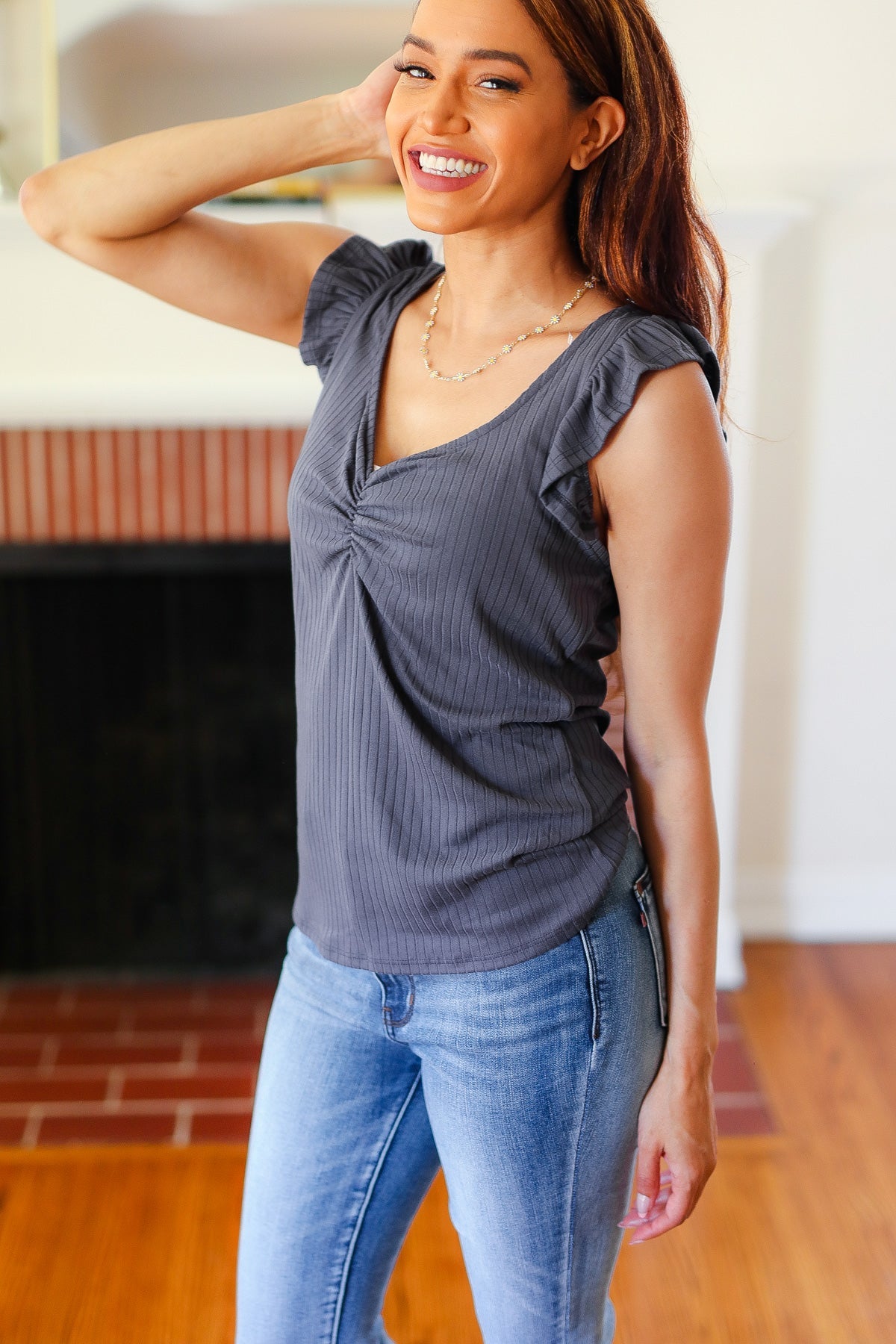 Haptics Sunny Days Charcoal Sweetheart Neckline Ribbed Top Haptics