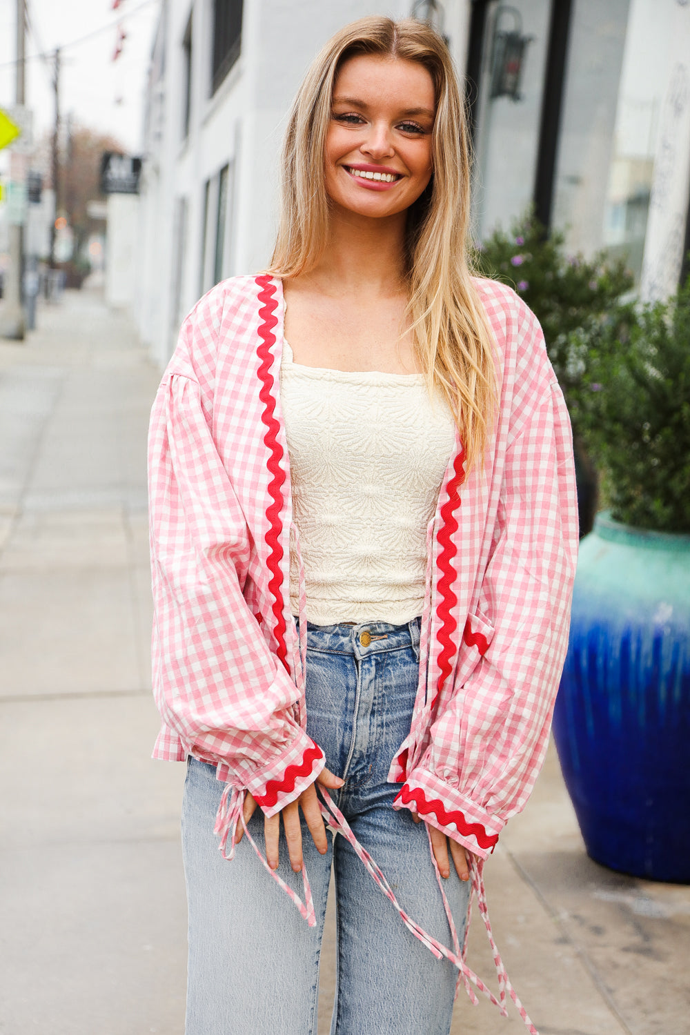 Haptics Red & Pink Cotton Ribbon Tie Gingham Pocket Jacket