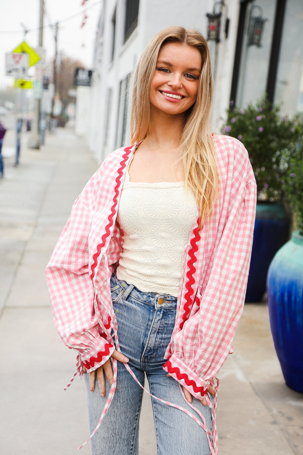 Haptics Red & Pink Cotton Ribbon Tie Gingham Pocket Jacket