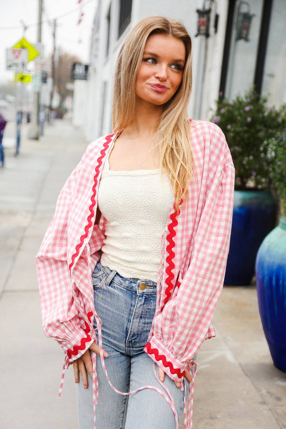 Haptics Red & Pink Cotton Ribbon Tie Gingham Pocket Jacket