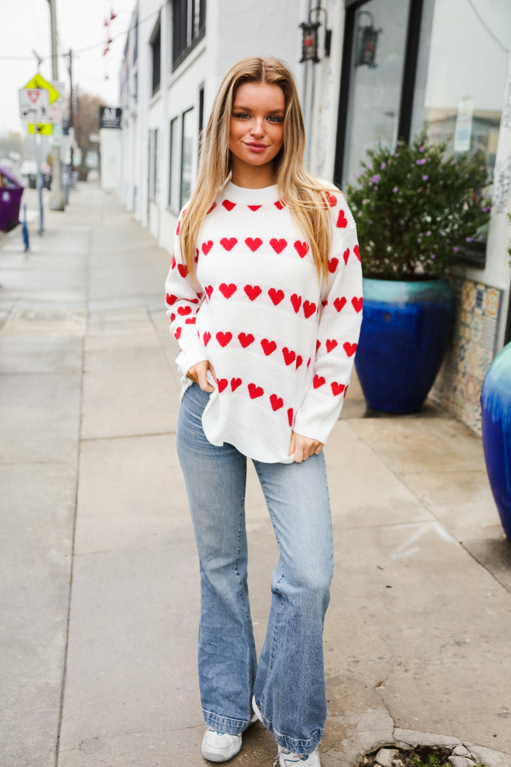 Haptics Be Mine White Jacquard Heart Stripe Pullover Sweater