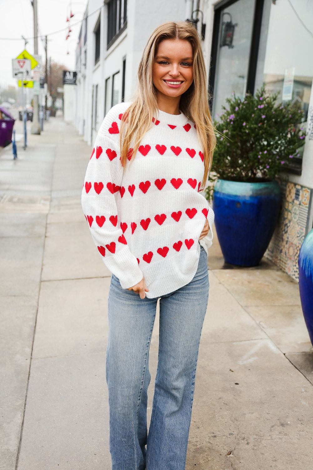 Haptics Be Mine White Jacquard Heart Stripe Pullover Sweater