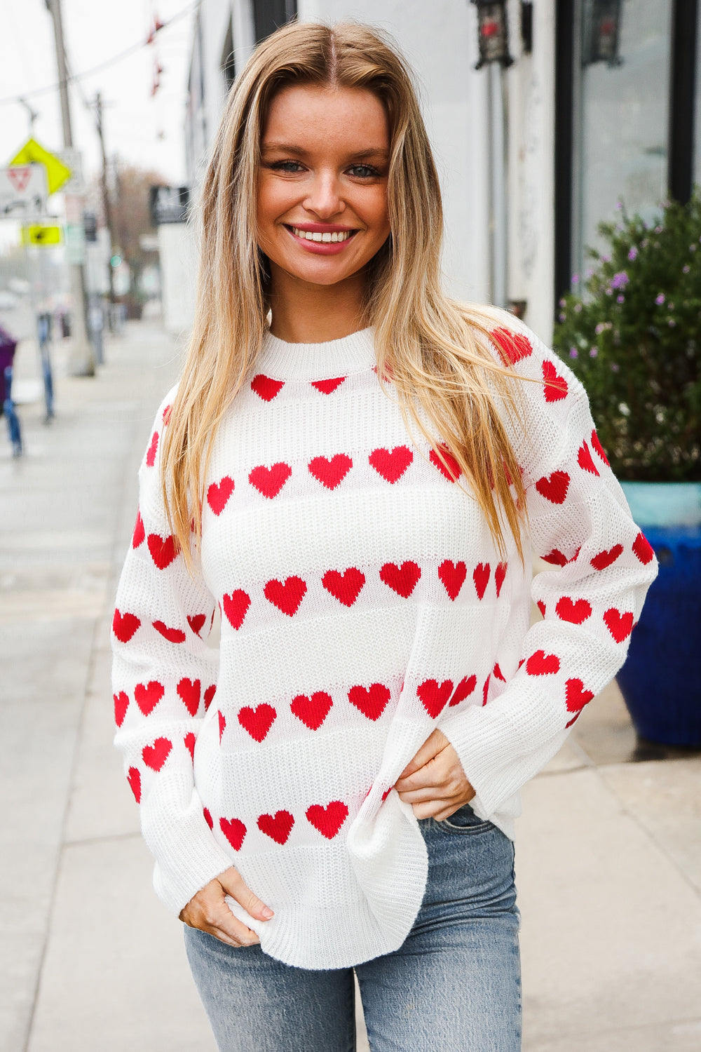 Haptics Be Mine White Jacquard Heart Stripe Pullover Sweater