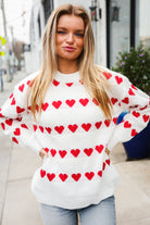 Haptics Be Mine White Jacquard Heart Stripe Pullover Sweater