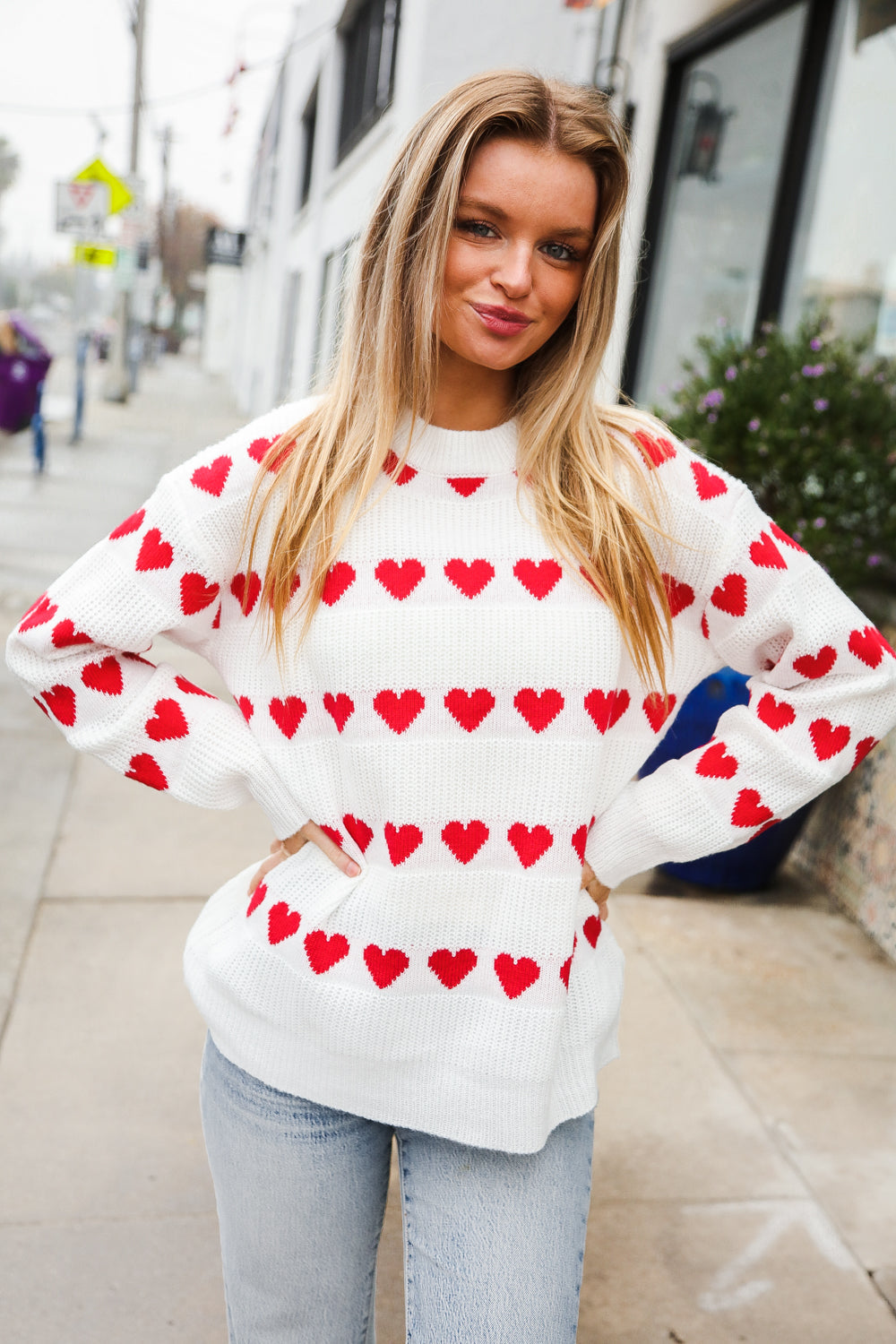 Haptics Be Mine White Jacquard Heart Stripe Pullover Sweater