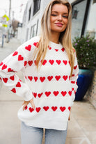 Haptics Be Mine White Jacquard Heart Stripe Pullover Sweater