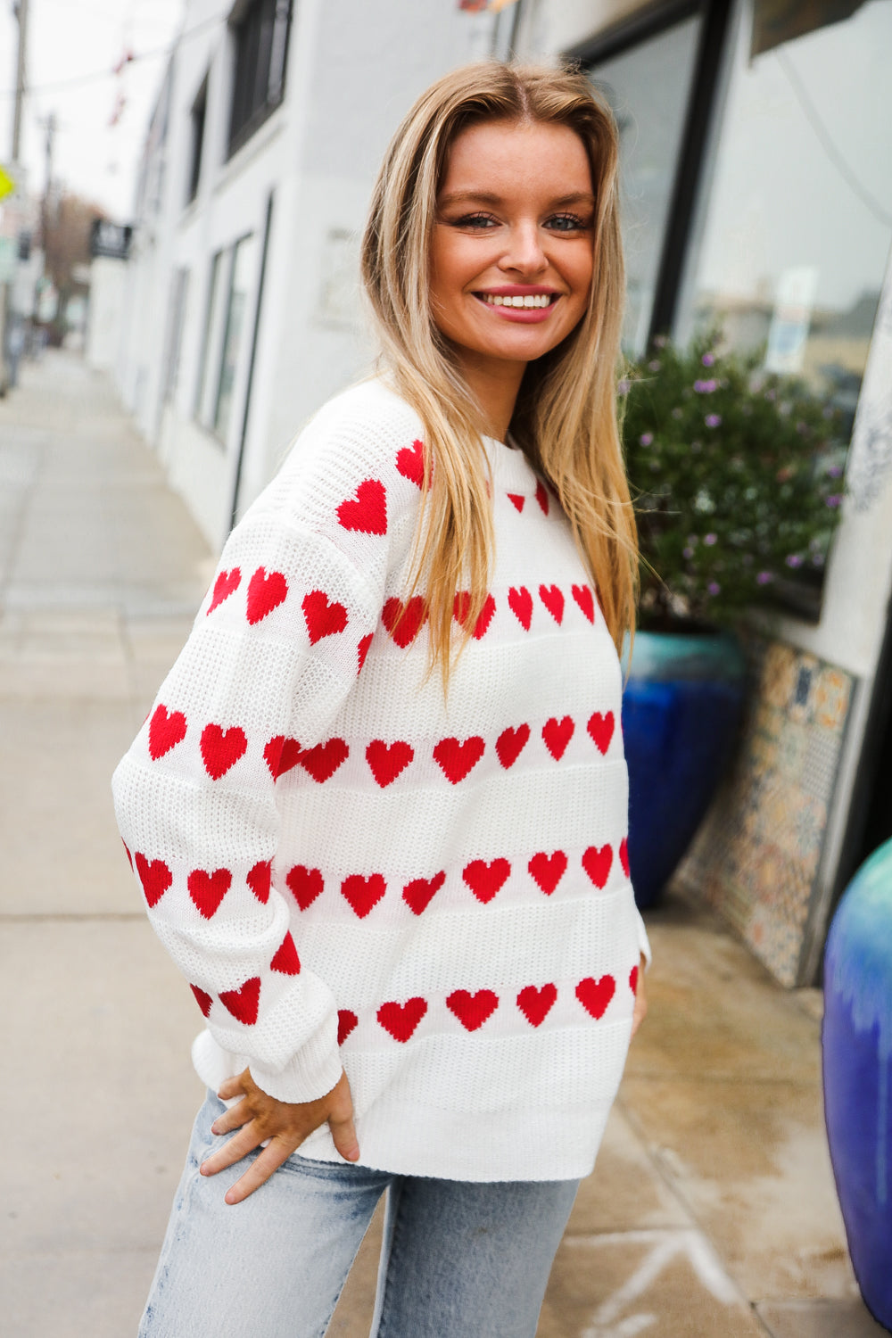 Haptics Be Mine White Jacquard Heart Stripe Pullover Sweater