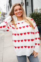 Haptics Be Mine White Jacquard Heart Stripe Pullover Sweater