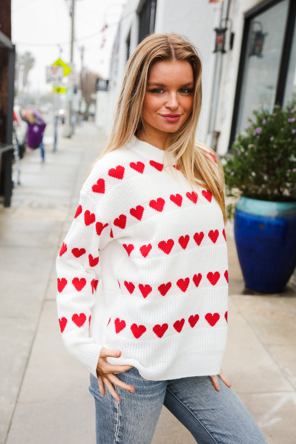 Haptics Be Mine White Jacquard Heart Stripe Pullover Sweater