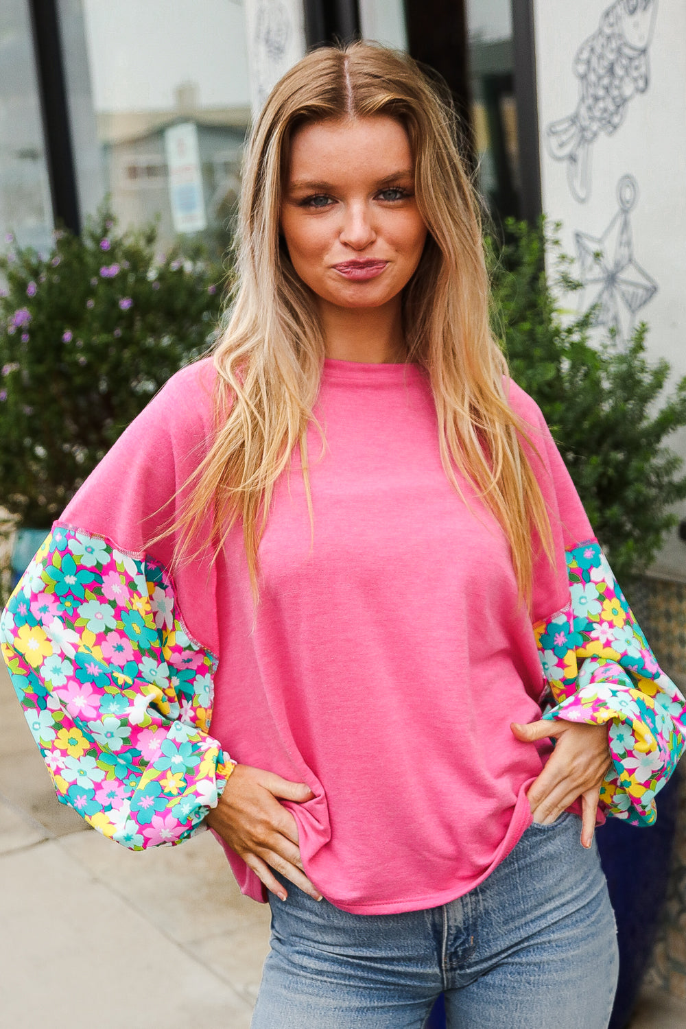 Haptics Pink & Floral Bubble Sleeve French Terry Pullover