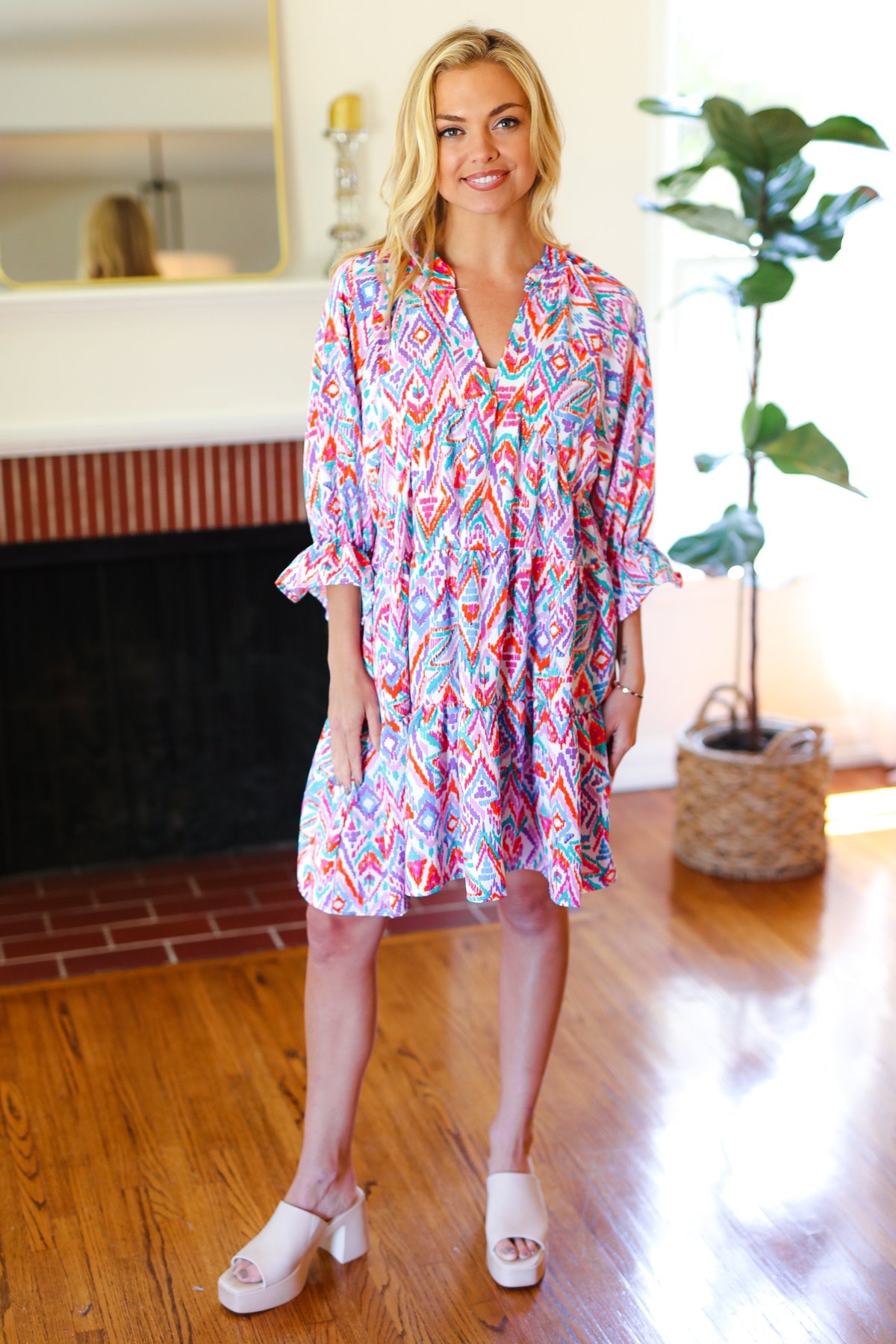 Haptics Love Found Blue & Lavender Ikat Print V Neck Dress Final Sale 2024 Summer Blow Out Sale
