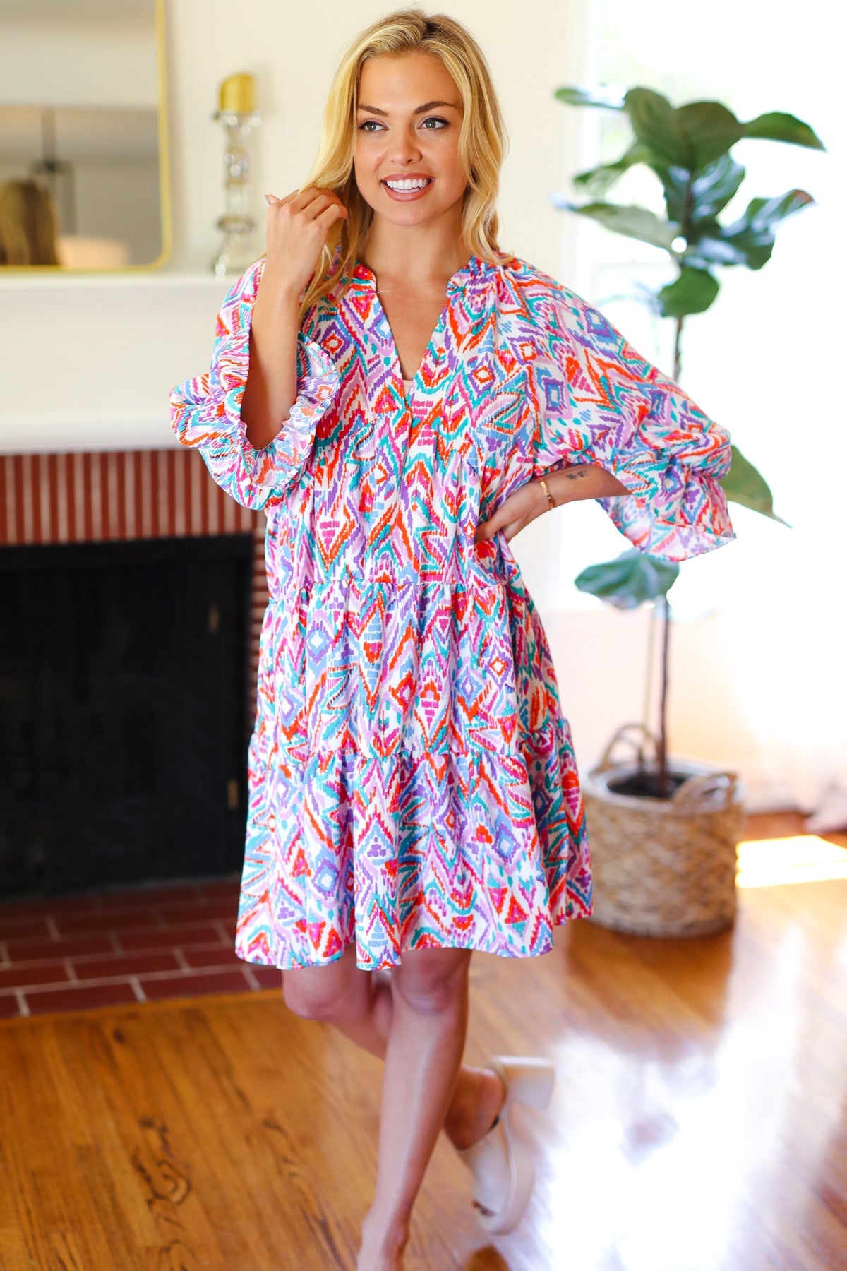 Haptics Love Found Blue & Lavender Ikat Print V Neck Dress Final Sale 2024 Summer Blow Out Sale