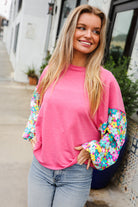 Haptics Pink & Floral Bubble Sleeve French Terry Pullover