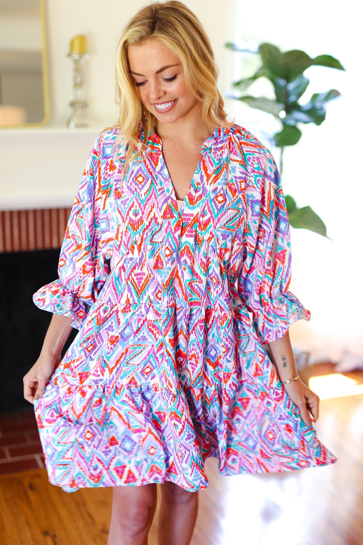 Haptics Love Found Blue & Lavender Ikat Print V Neck Dress Final Sale 2024 Summer Blow Out Sale