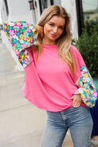 Haptics Pink & Floral Bubble Sleeve French Terry Pullover