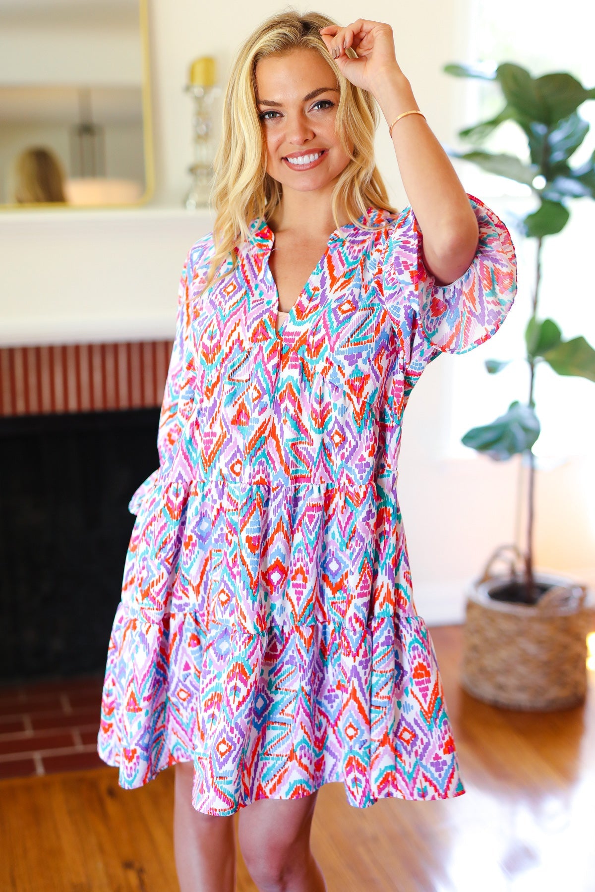 Haptics Love Found Blue & Lavender Ikat Print V Neck Dress Final Sale 2024 Summer Blow Out Sale