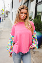 Haptics Pink & Floral Bubble Sleeve French Terry Pullover