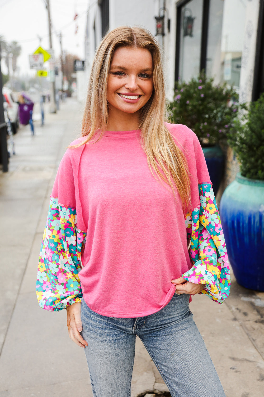 Haptics Pink & Floral Bubble Sleeve French Terry Pullover