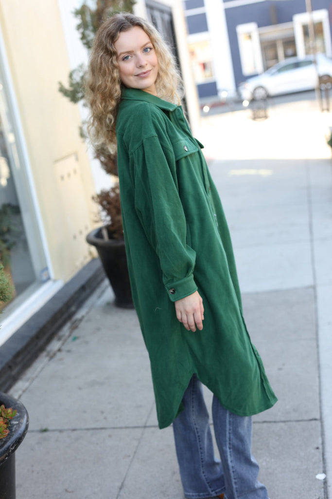 BiBi On Your Terms Forest Green Fleece Button Down Duster Jacket Bloom 2023 Winter Sale