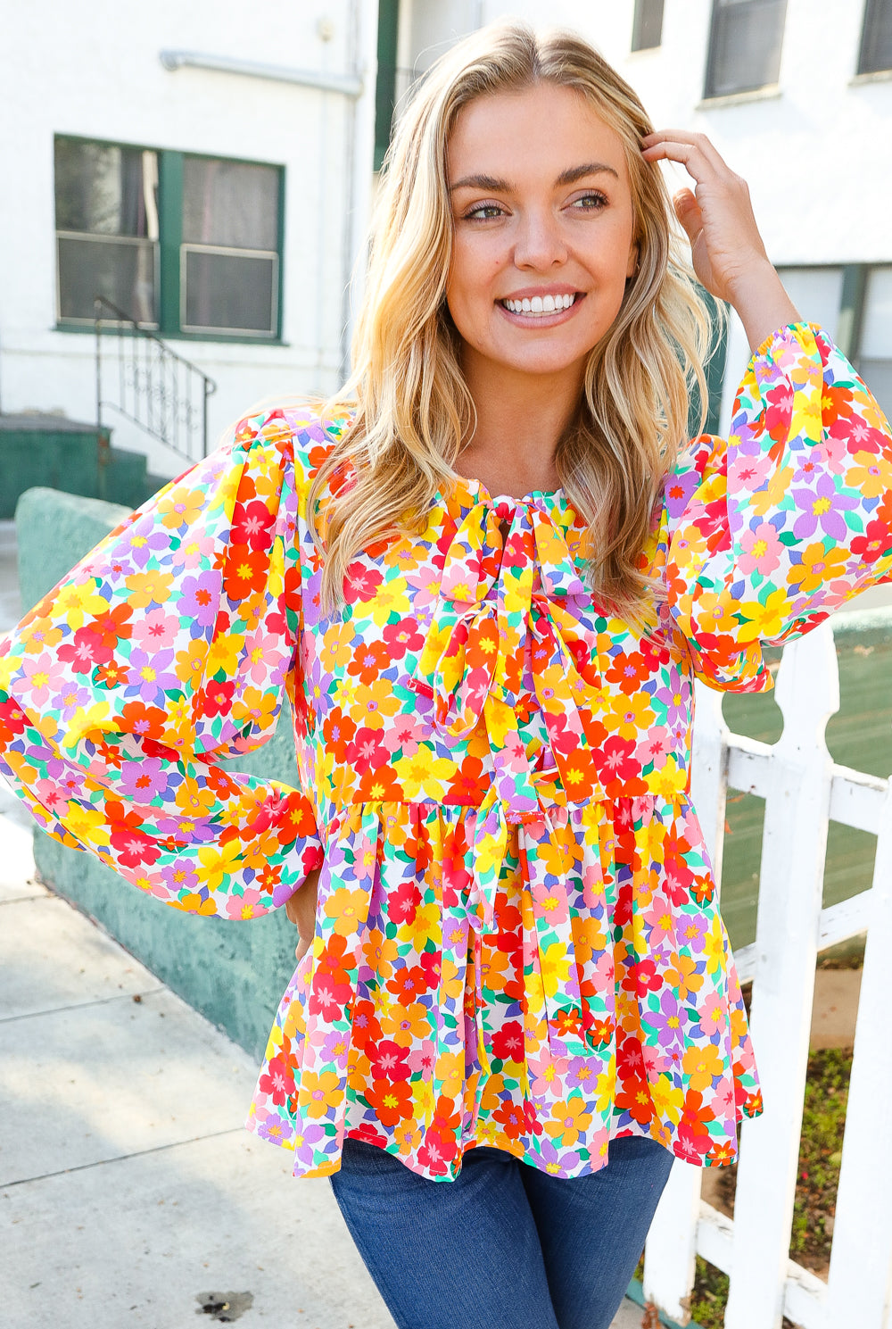 Haptics Chasing Dreams Ribbon Tie Bow Babydoll Puff Elastic Sleeve Floral Top