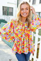 Haptics Chasing Dreams Ribbon Tie Bow Babydoll Puff Elastic Sleeve Floral Top