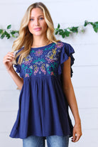 Haptics Navy Floral Embroidered Flutter Sleeve Top