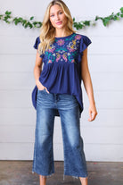 Haptics Navy Floral Embroidered Flutter Sleeve Top