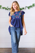 Haptics Navy Floral Embroidered Flutter Sleeve Top