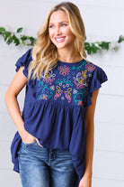 Haptics Navy Floral Embroidered Flutter Sleeve Top