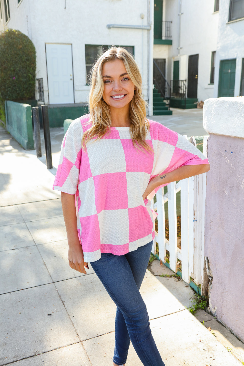 Hopely Pink & White Checker Print Waffle Knit Top