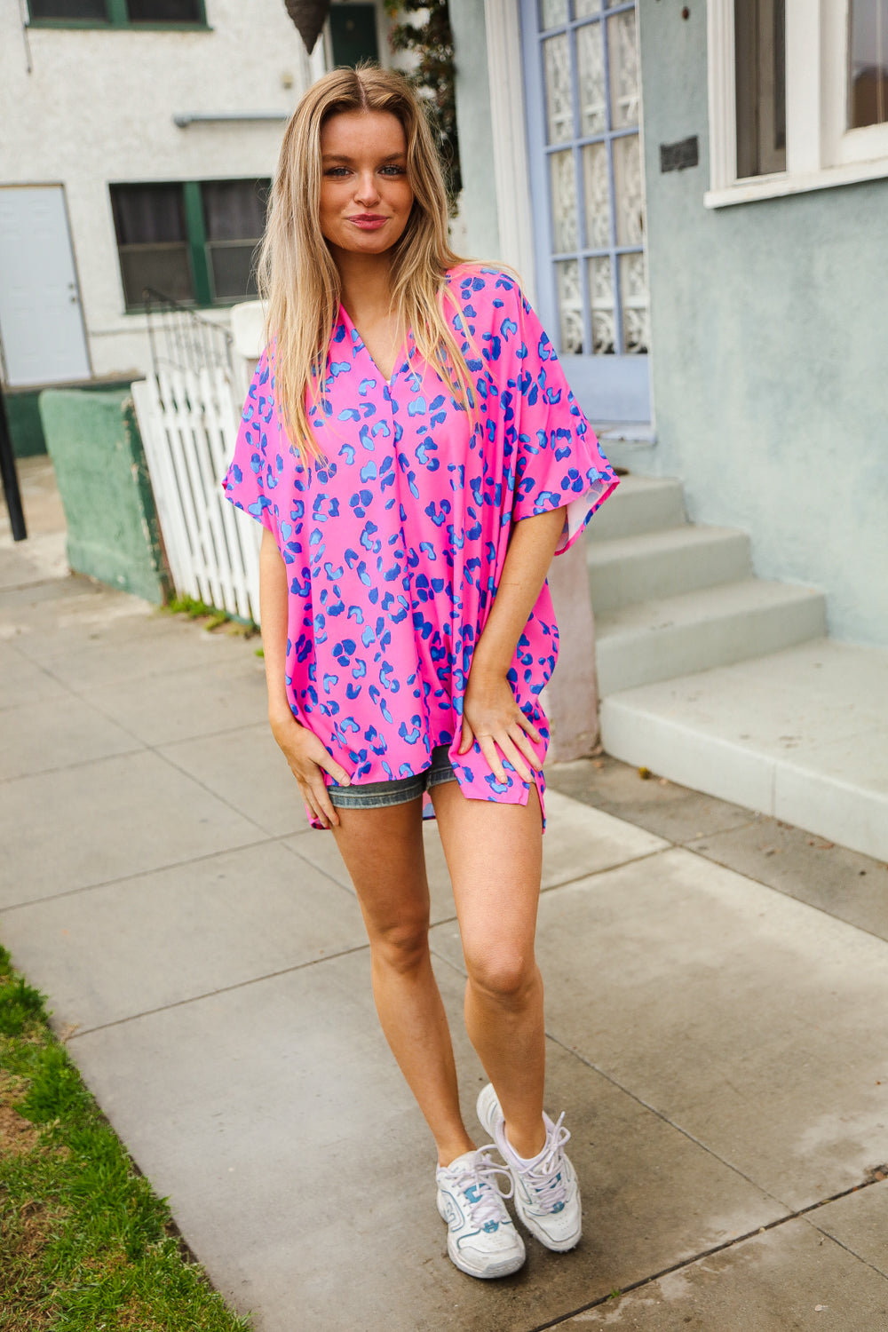 First Love Hot Pink Animal Print V Neck Dolman Sleeve Top