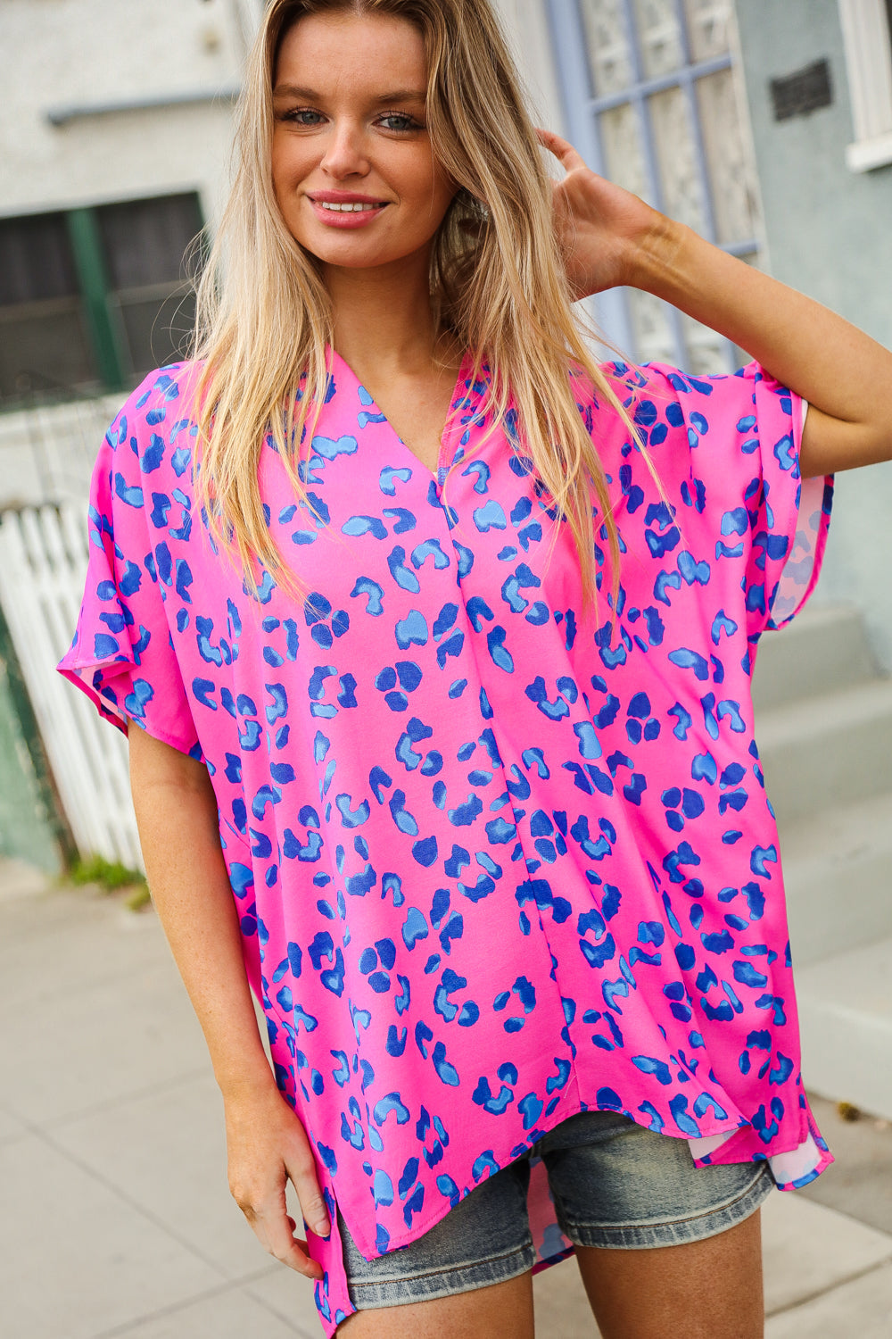 First Love Hot Pink Animal Print V Neck Dolman Sleeve Top Large