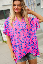 First Love Hot Pink Animal Print V Neck Dolman Sleeve Top Large