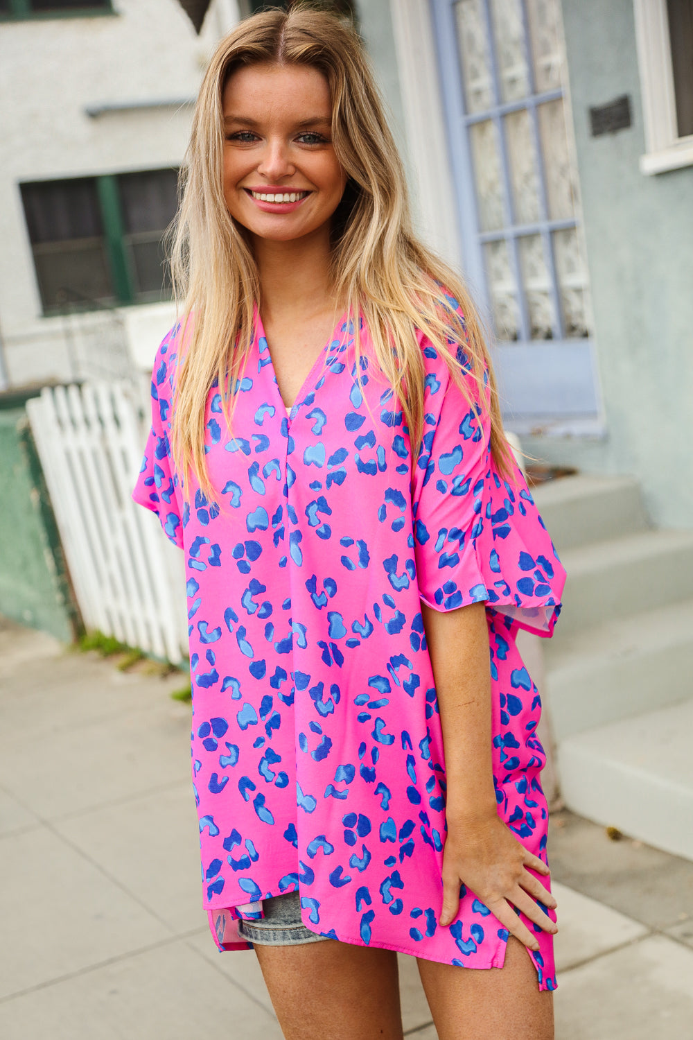 First Love Hot Pink Animal Print V Neck Dolman Sleeve Top