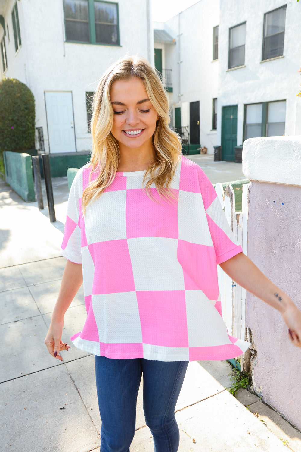 Hopely Pink & White Checker Print Waffle Knit Top