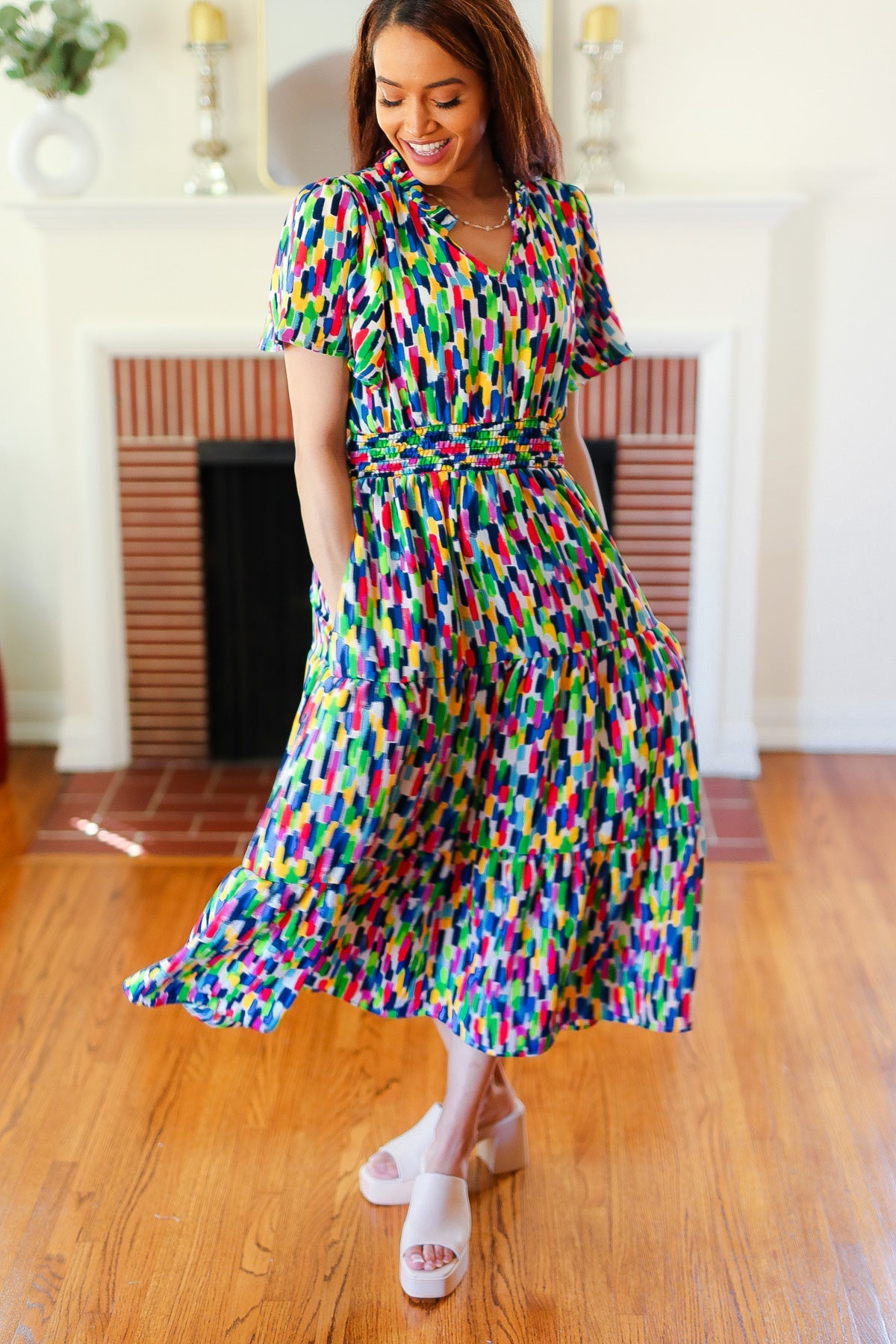 Haptics All For You Navy Multicolor Abstract Print Smocked Waist Maxi Dress Final Sale