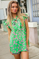 First Love Green Animal Print Bow Tie Flutter Sleeve Top