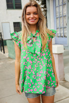 First Love Green Animal Print Bow Tie Flutter Sleeve Top