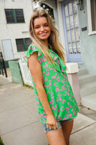 First Love Green Animal Print Bow Tie Flutter Sleeve Top