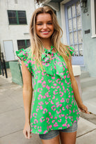 First Love Green Animal Print Bow Tie Flutter Sleeve Top Large