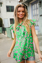 First Love Green Animal Print Bow Tie Flutter Sleeve Top