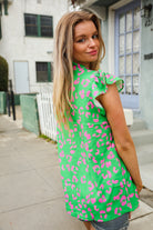 First Love Green Animal Print Bow Tie Flutter Sleeve Top
