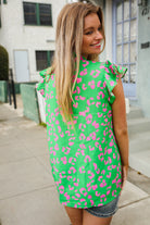 First Love Green Animal Print Bow Tie Flutter Sleeve Top
